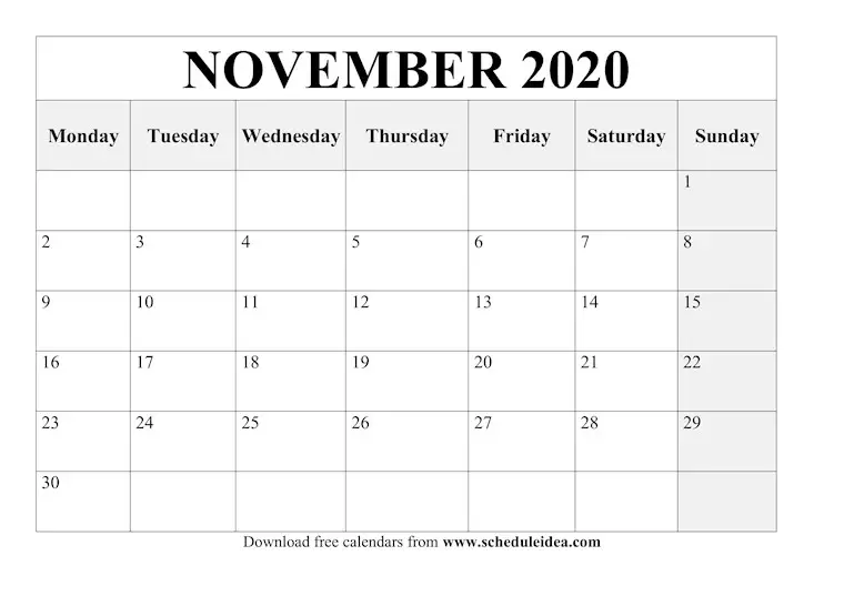 november 2020 calendar printable