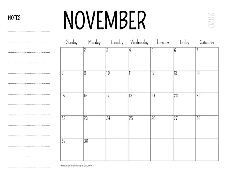 november 2020 printable calendar