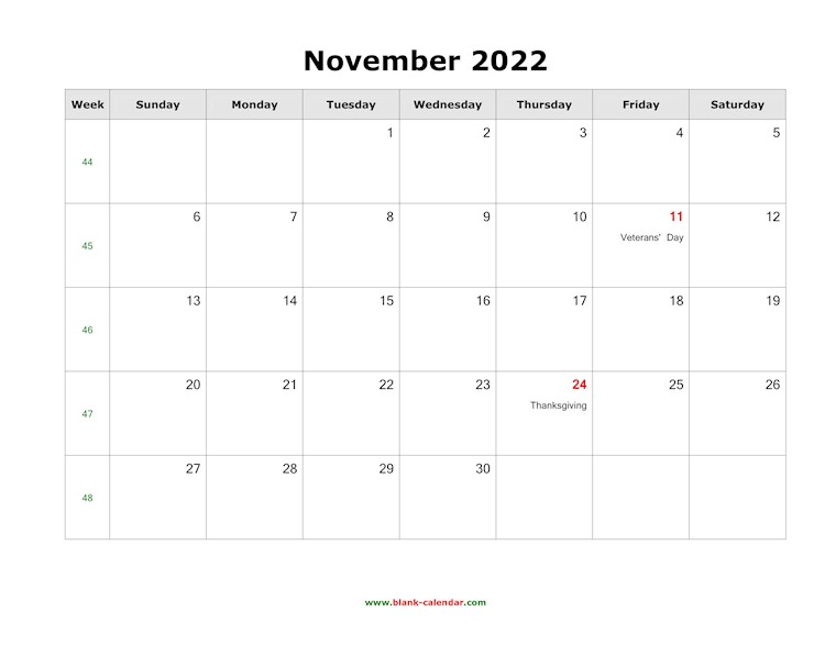november 2022 calendar holidays blank landscape