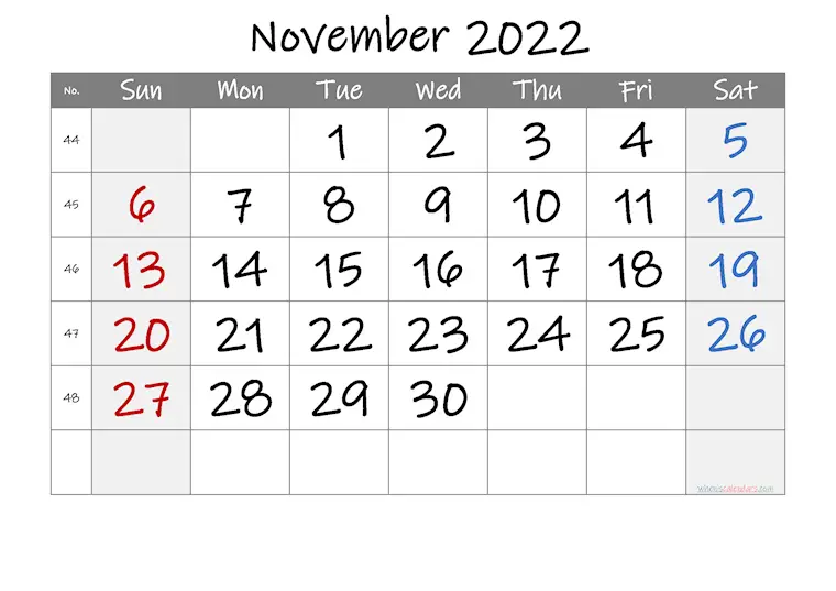 november 2022 calendar printable week numbers ink 2