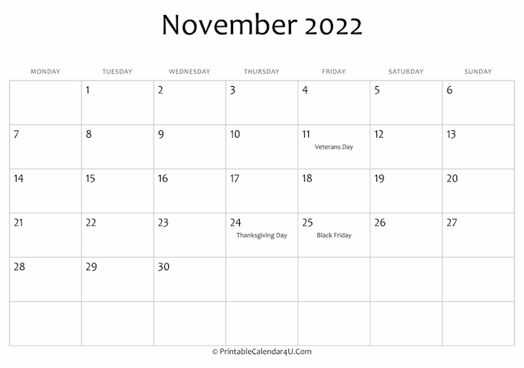 Thanksgiving 2022 Calendar 49 Free Printable November 2022 Calendars For The Usa