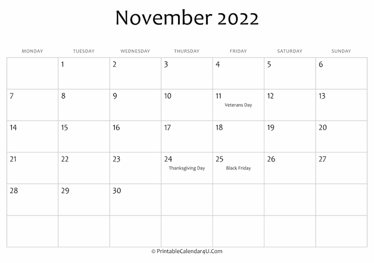 november 2022 editable calendar holidays