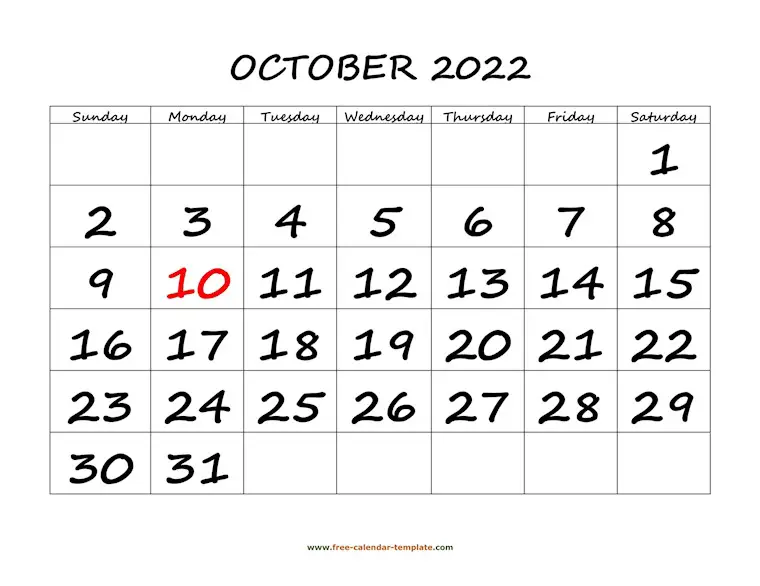 october 2022 calendar bigfont horizontal