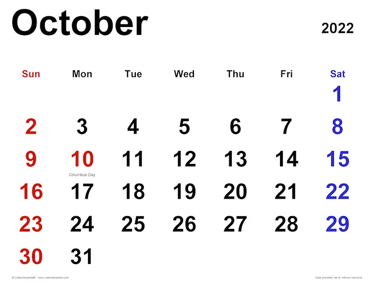 october 2022 calendar classic