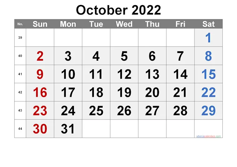 october 2022 calendar printable week numbers ari 6