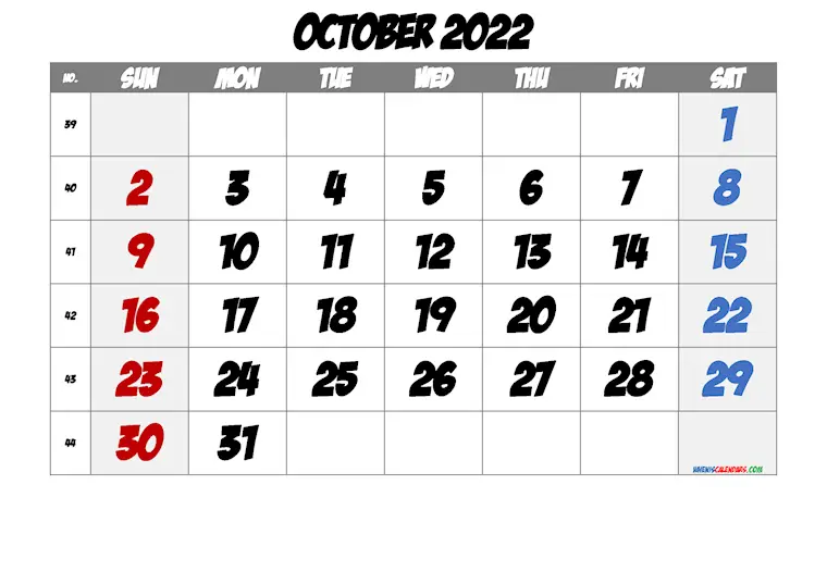 october 2022 calendar printable week numbers bdb 2