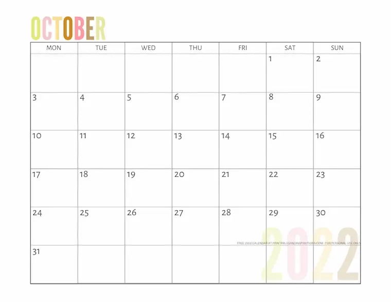 october 2022 calendar simple