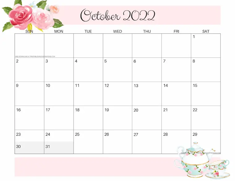 october 2022 floral calendar printable