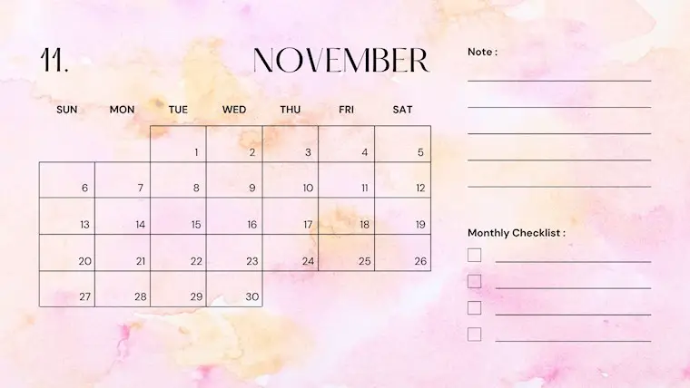 pink elegant calendar 2022 november