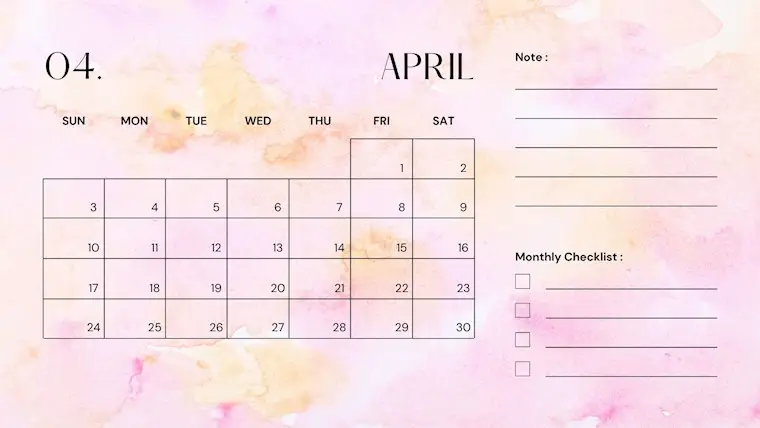 pink elegant calendar april