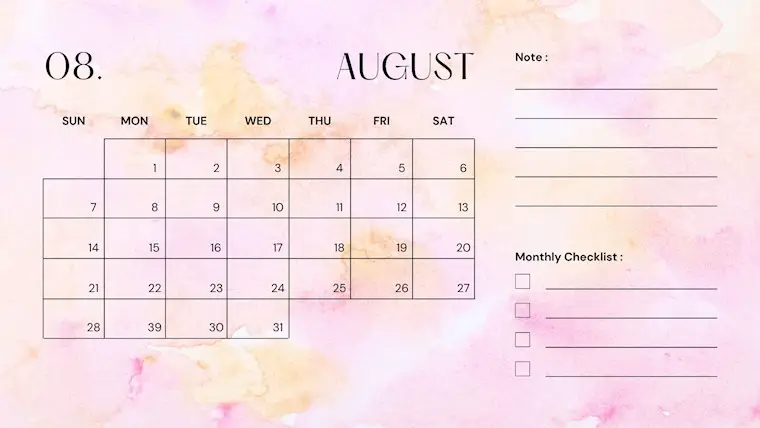pink elegant calendar august 2022