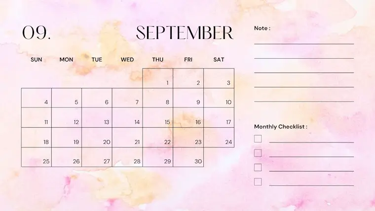 pink elegant calendar september 2022