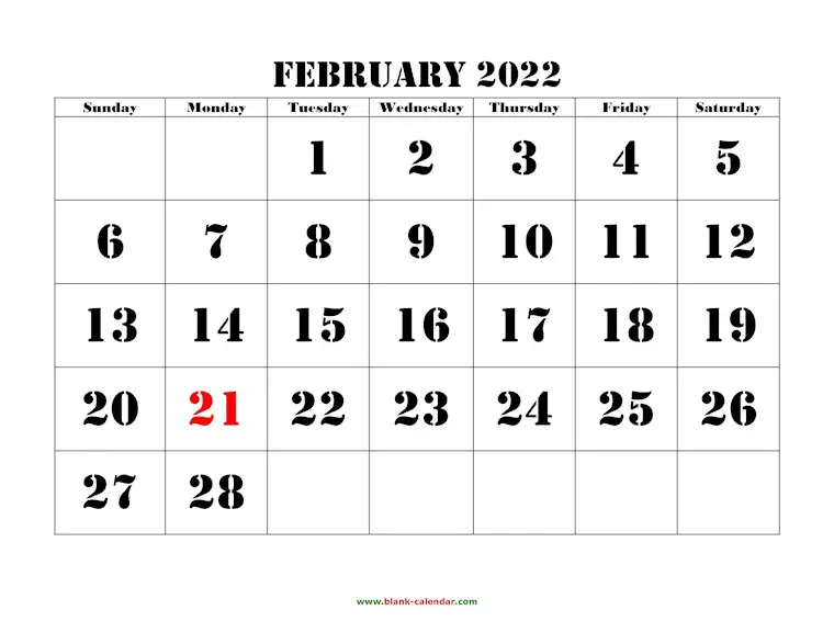 printable february 2022 calendar large font
