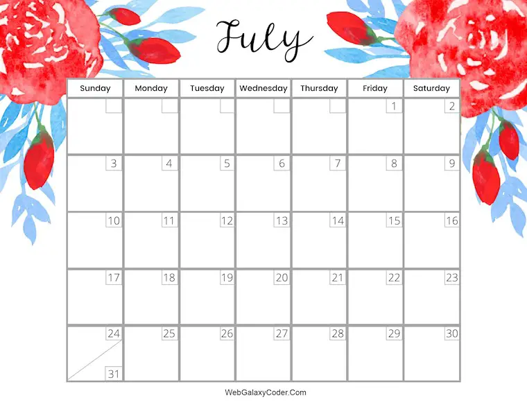 printable july 2022 calendar printable free floral cute