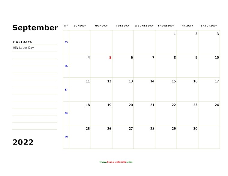 printable september 2022 calendar large box space notes