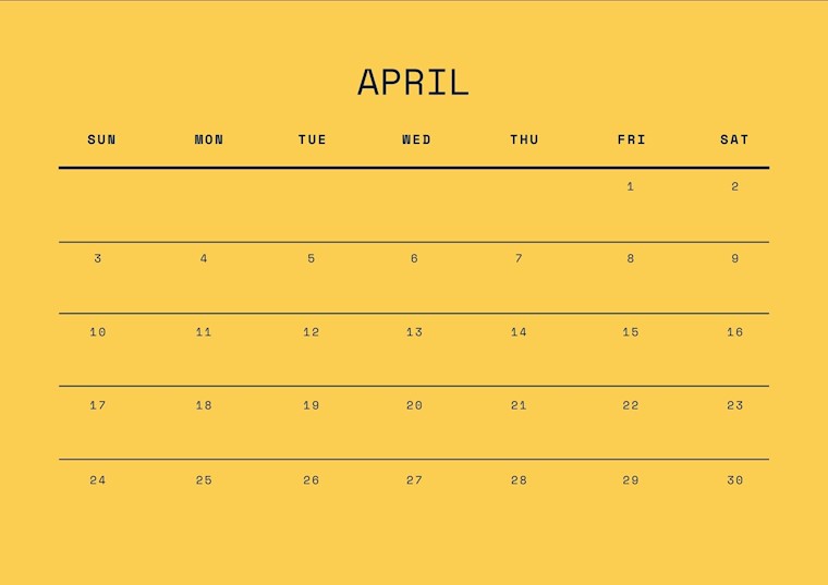 yellow april 2022 calendar