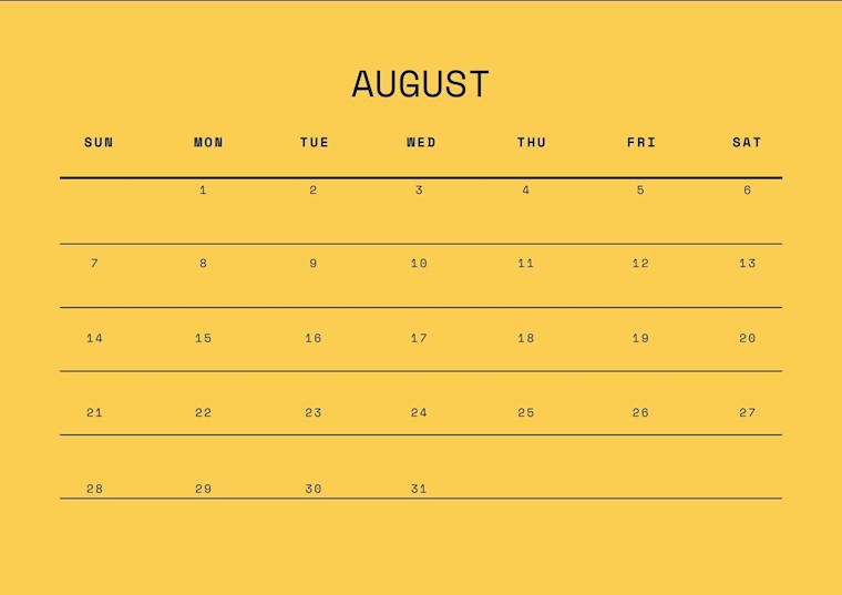 yellow august 2022 calendar