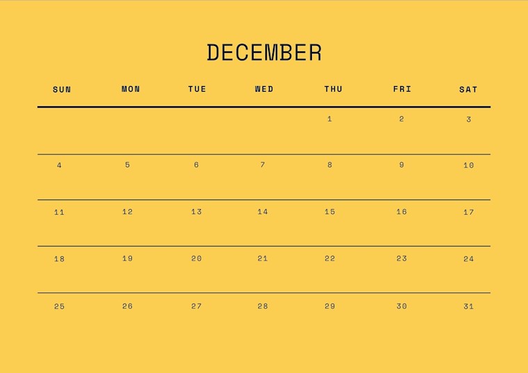 yellow december 2022 calendar