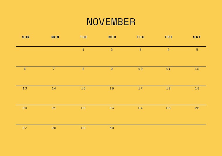 yellow november 2022 calendar