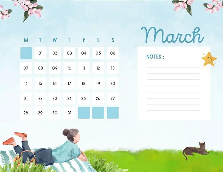 blue watercolor march 2022 calendar