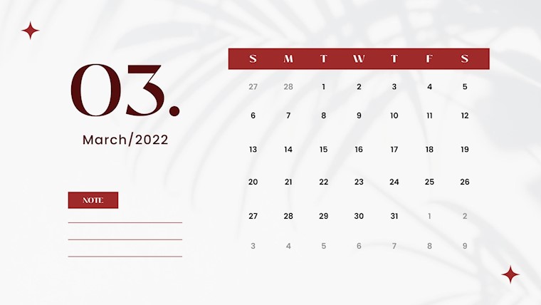 grey red minimal march 2022 calendar
