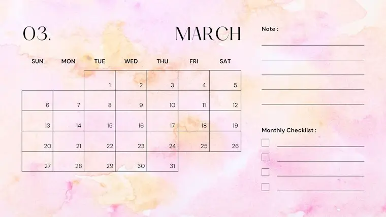 pink elegant calendar march