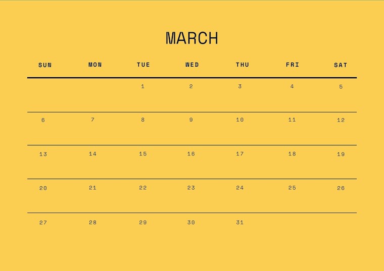 yellow march 2022 calendar