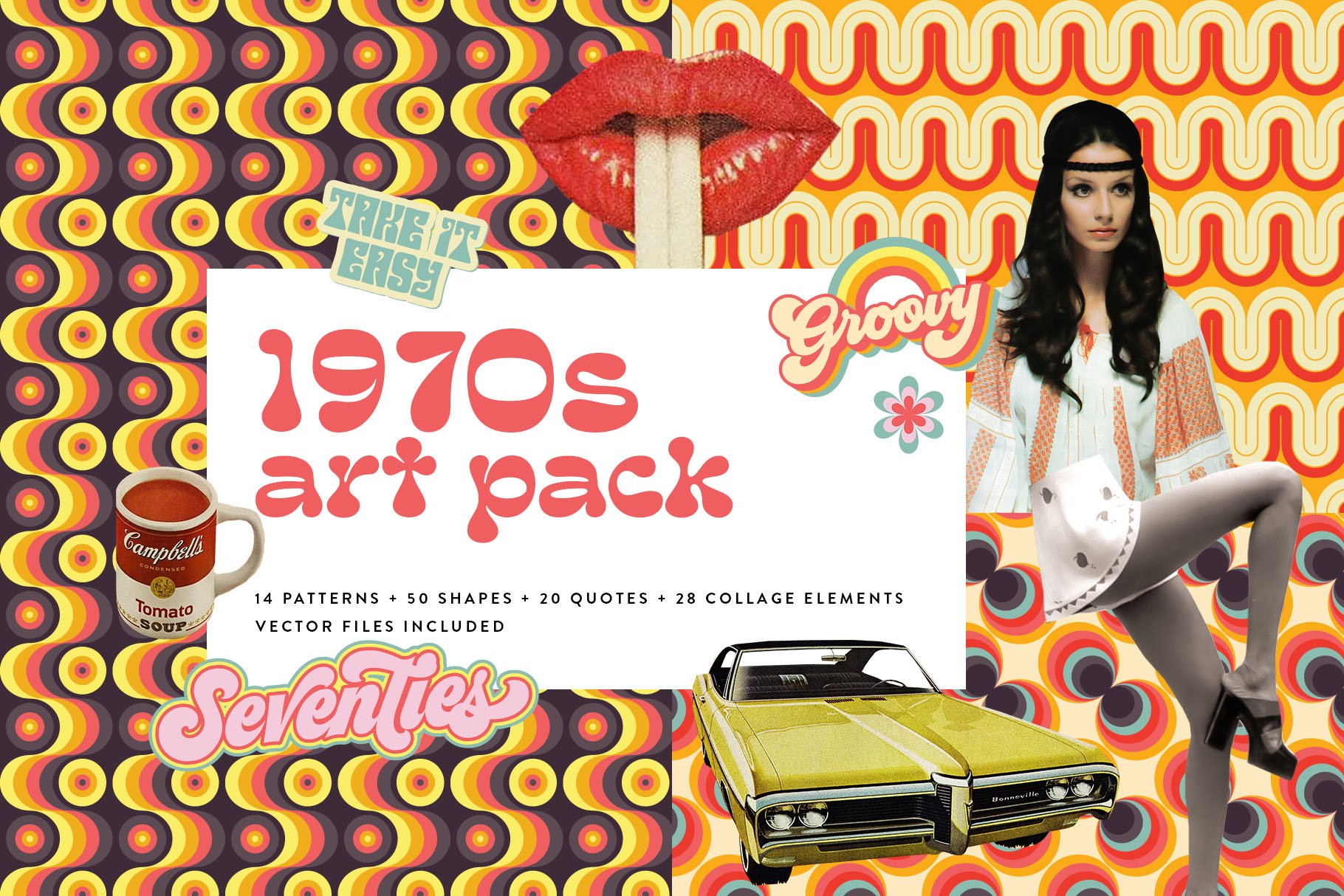 70s Graphic Design Packs 110 Patterns, Elements, Flowers, Collages