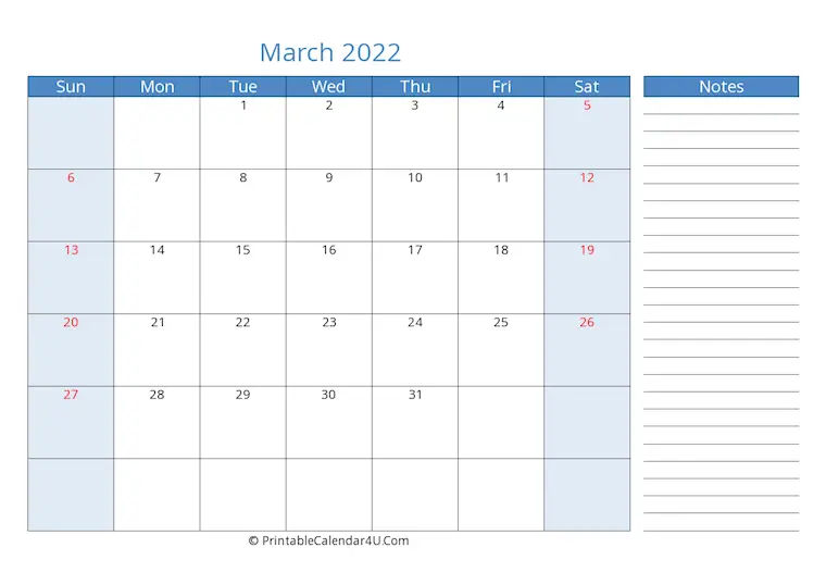 bluemarch 2022 printable calendar with us holidays sunday start side notes landscape letter