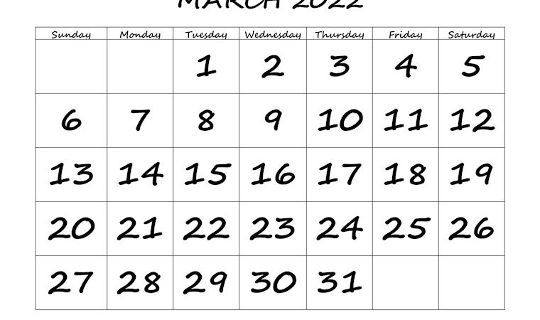 march 2022 calendar bigfont horizontal