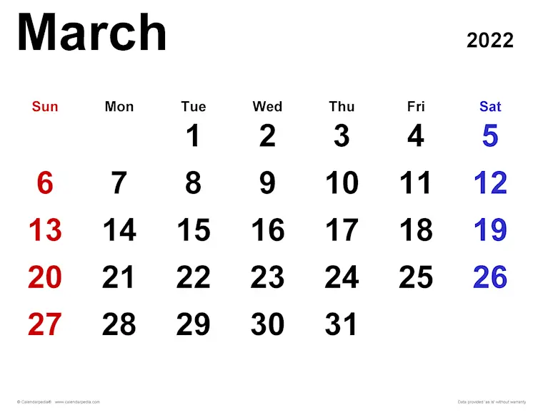 march 2022 calendar classic