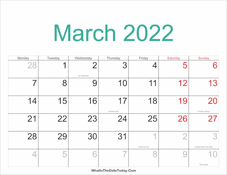 march 2022 calendar printable holidays full