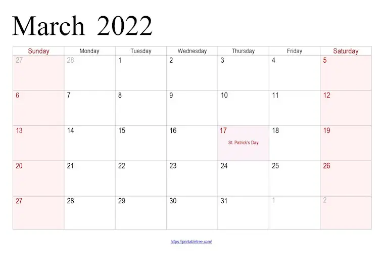 march calendar 2022 with holidays