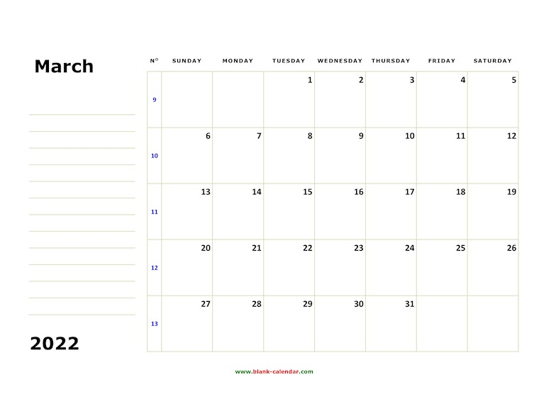 printable march 2022 calendar large box space notes