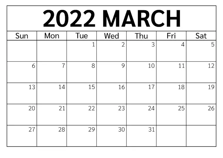 March 2022 Blank Calendar 31 Minimalist Basic Printable March Calendars 2022 - Onedesblog