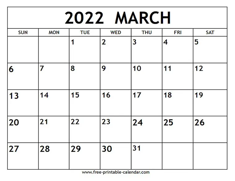 simple march 2022 calendar