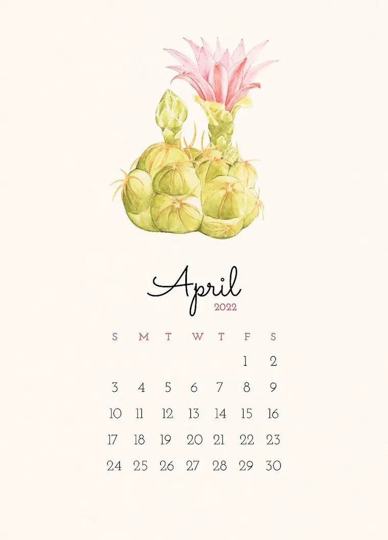 download free psd image of cactus 2022 april calendar template