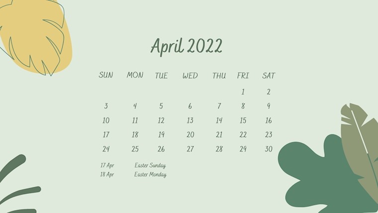 green illustrationj april 2022 calendar