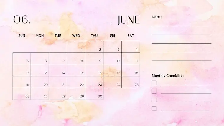 pink elegant calendar june