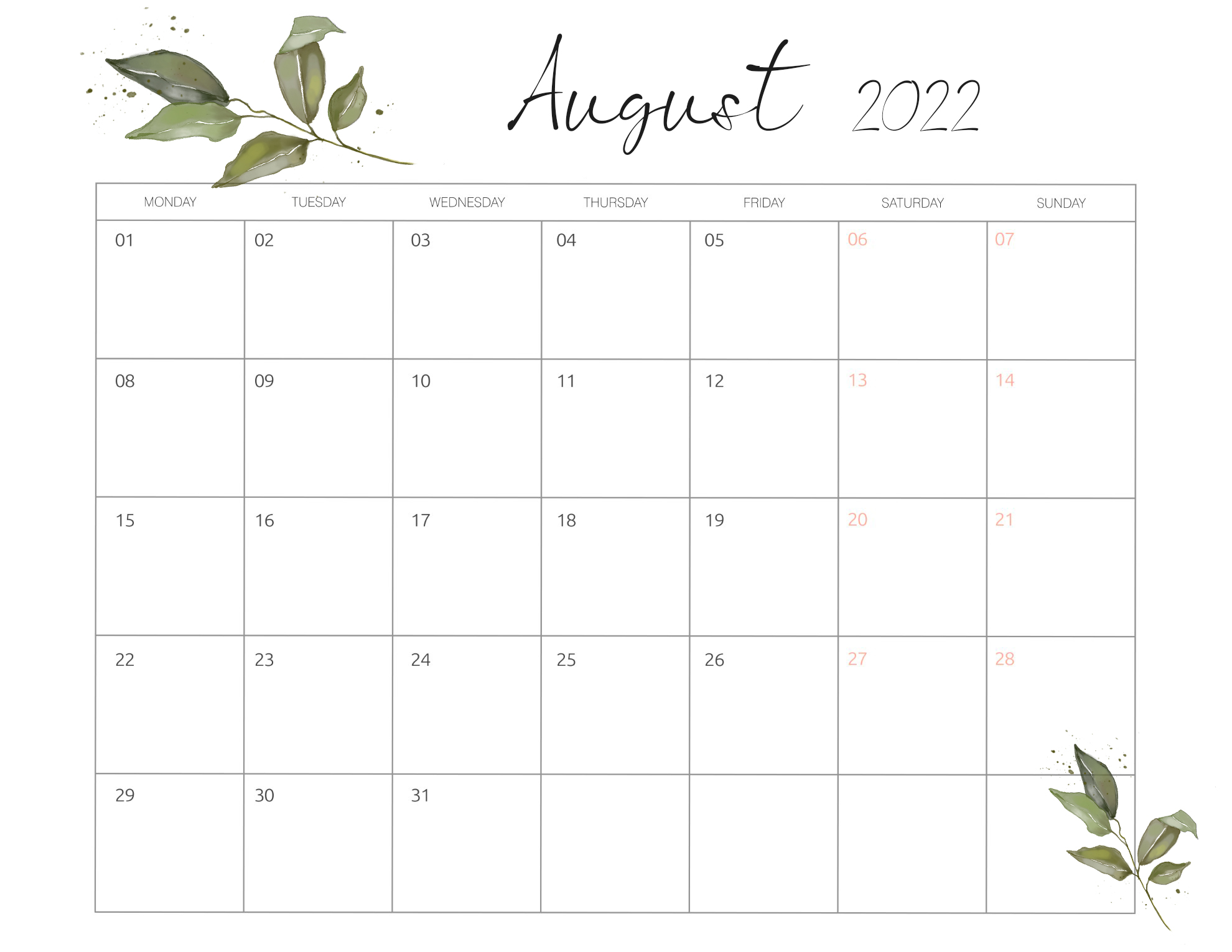 august cute calendar 2022