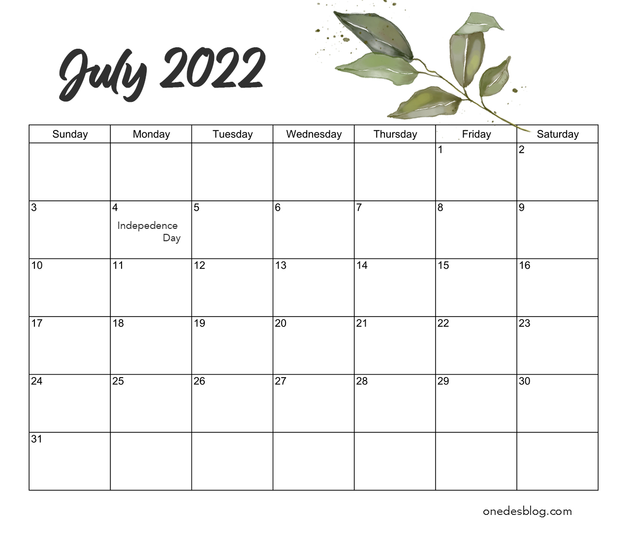 july calendar 2022 printable botanical