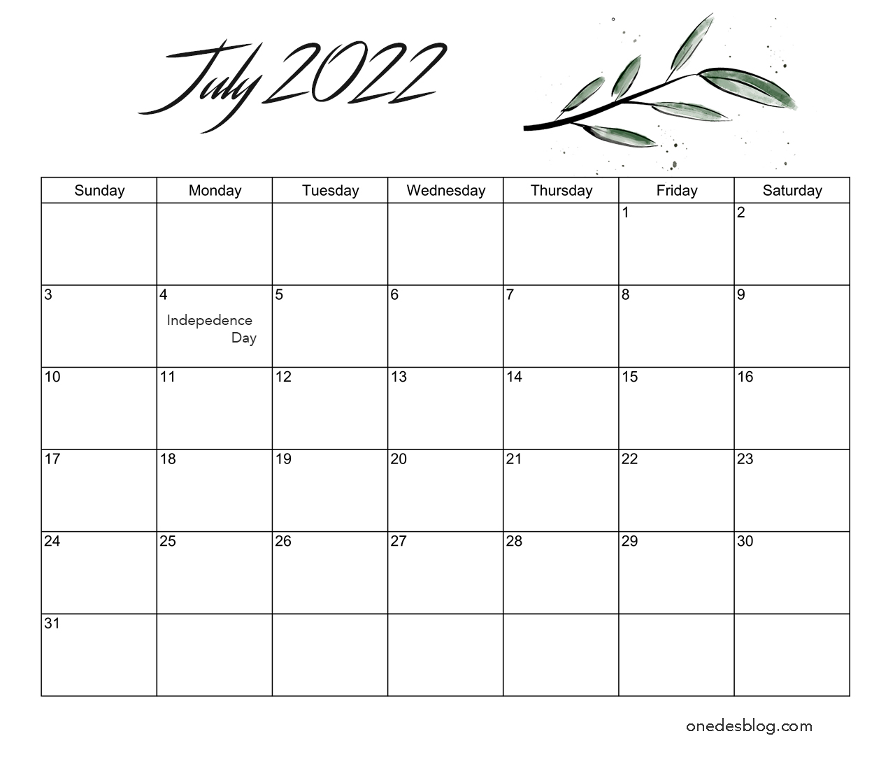 july calendar 2022 printable botanical