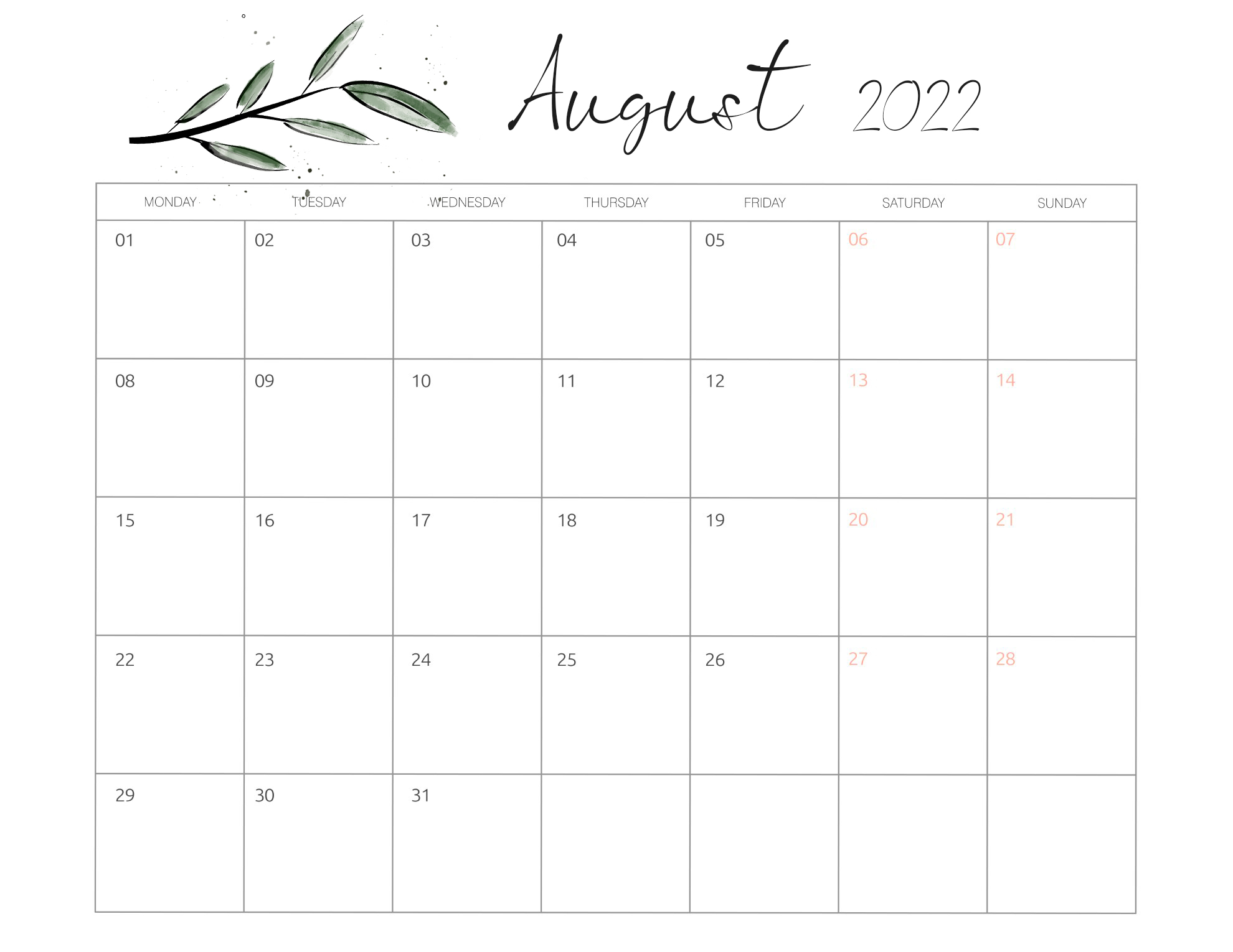 floral botanical august cute calendar