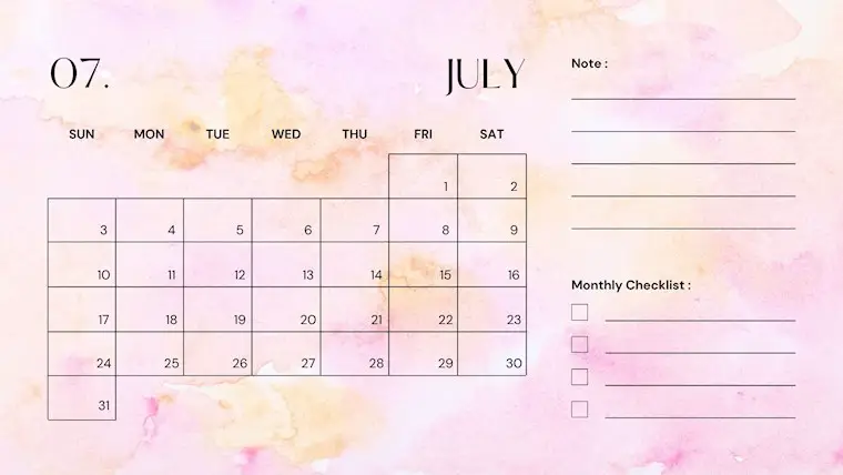 pink elegant calendar july 2022