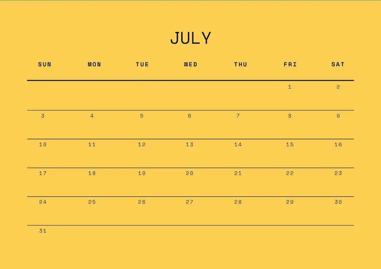 yellow july 2022 calendar