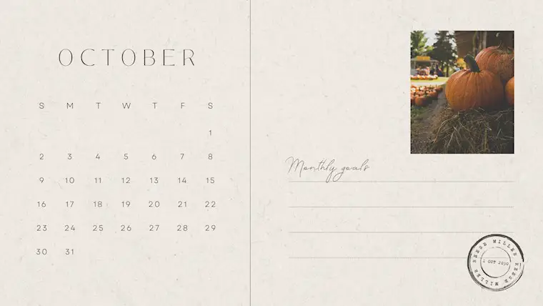 beige aesthetic october 2022 calendar postcard style with notes