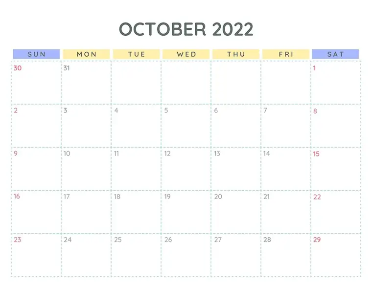 blue yellow monthly calendar october 2022