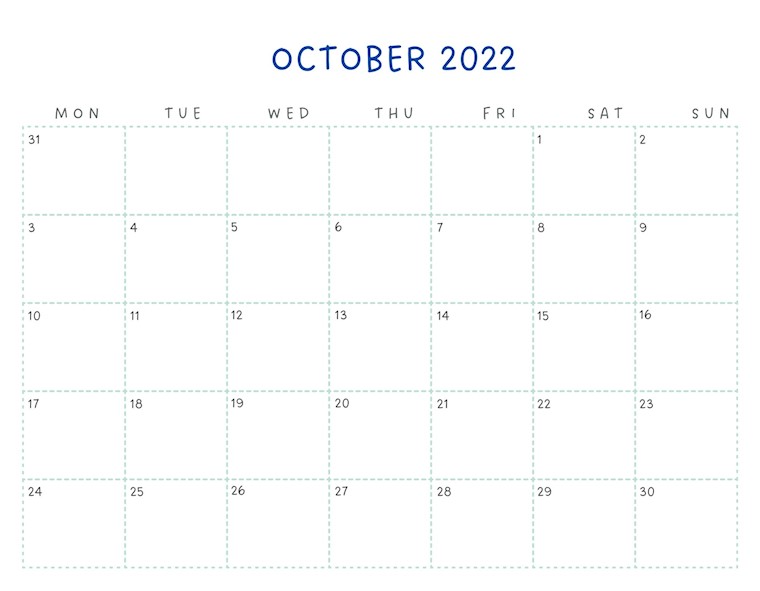 monthly calendar clean october 2022