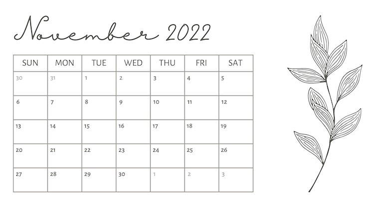 black and white elegant november 2022 calendar