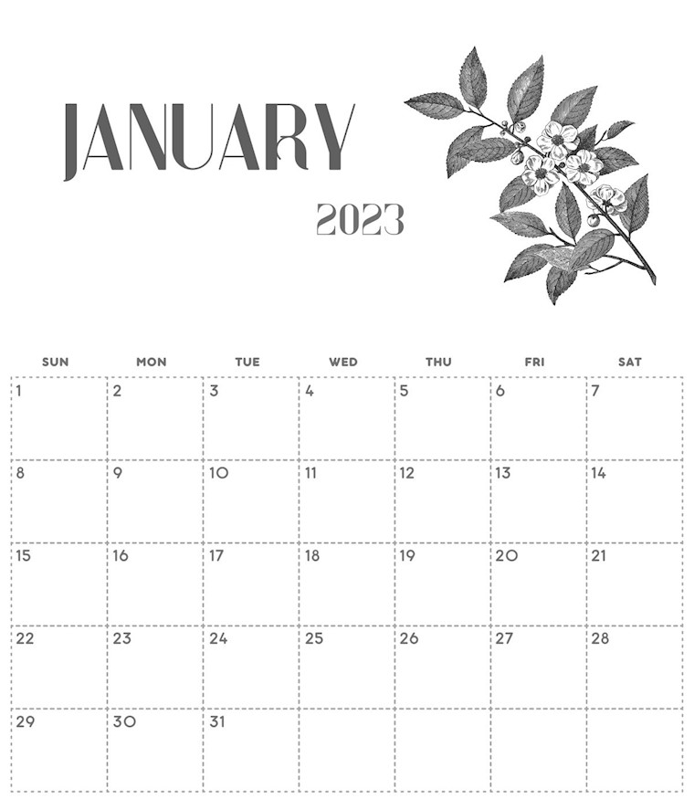 black and white minimalist january 2023 printable calendar